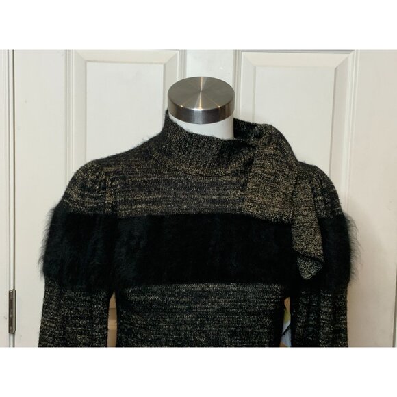 Ulla Johnson Metallic Gold & Black Cashmere Sweater W/ Rabbit Fur Trim, Size P - Picture 2 of 9
